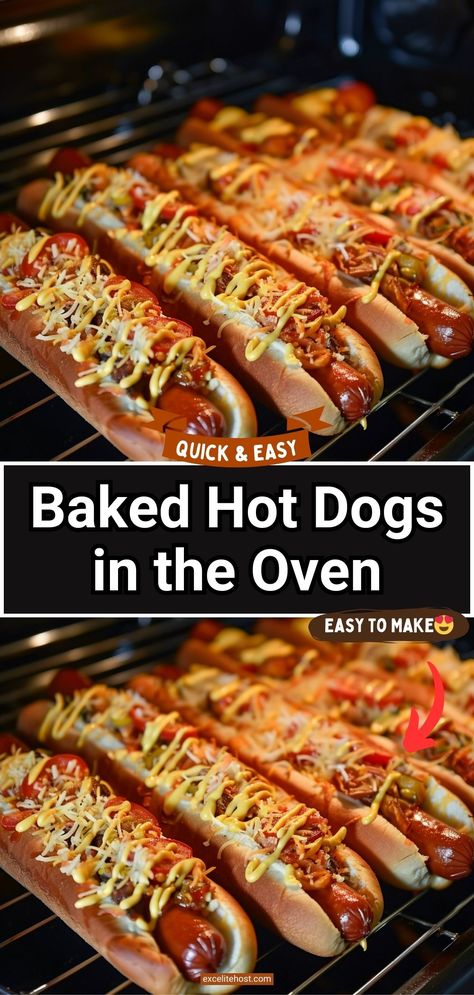 Ingredients: 8 hot dogs 8 hot dog buns 1/2 cup ketchup 1/2 cup mustard 1/2 cup relish 1 onion, finely chopped Optional toppings: sauerkraft, jalapeños, Wrapped Hot Dog Recipes, Baked Hot Dogs In The Oven, Bake Hotdogs In Oven, Oven Roasted Hot Dogs, Hot Dog In Oven, Oven Baked Hot Dogs, How To Cook Hot Dogs In The Oven, Baked Hotdogs In The Oven, Bacon Wrapped Hot Dogs In Oven