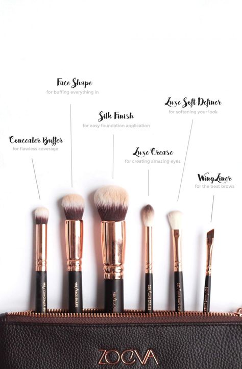 Zoeva Rose Gold Makeup Brushes - Zoeva 142 Concealer, Zoeva 110 Face Shape, Zoeva 102 Silk Finish, Zoeva 228 Luxe Crease, Zoeva 227 Soft Definer, 317 Liner Zoeva Brushes, Rose Gold Makeup Brushes, Makeup Recipes, Rose Gold Makeup, Make Up Tools, Makeup Brush Set Professional, Eye Makeup Brushes, Makeup Guide, Gold Makeup