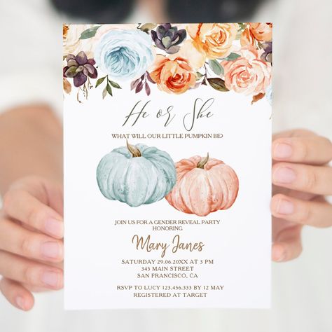 Pumpkin Gender Reveal Rustic Floral Invitation Pumpkin Gender Reveal, Blue Gender Reveal, Pumpkin Invitation, Fall Pink, Gender Reveal Party Theme, Gender Reveal Themes, Autumn Invitations, Girl Gender Reveal, Floral Pumpkin