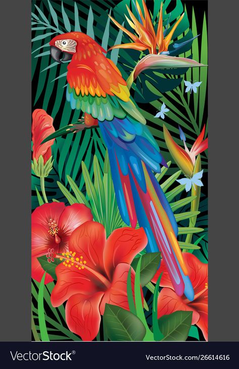 Tropical Paintings Ideas Wall Art, Jungle Art Painting, Parrot Art Painting, Jungle Art Tropical, Tropical Bird Painting, Tropical Art Painting, Parrot Art, Jungle Plants, Parrot Painting