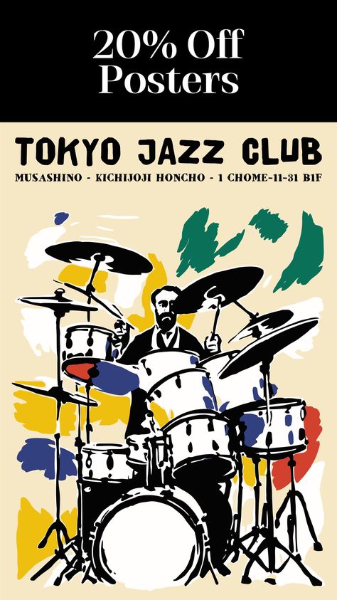 Japanese Jazz Club Poster, Tokyo Music Wall Art Print, Mid Century Modern Drummer, Retro Japan Concert Decor, Music Room Decoration by CozySpiritStudio on Etsy Jazz Club Poster, Concert Decor, Japanese Jazz, Jazz Posters, Retro Japan, Music Room Decor, Retro Japanese, Jazz Poster, Club Poster