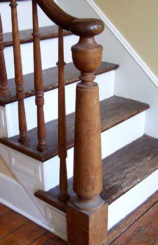 Coit House Turned Newel Posts For Stairs, Cottage Stair Railing Ideas, French Stair Railing, Colonial Banister, Antique Stair Railing, English Country Staircase, Cottage Bannister, Victorian Newel Post, Old Farmhouse Staircase