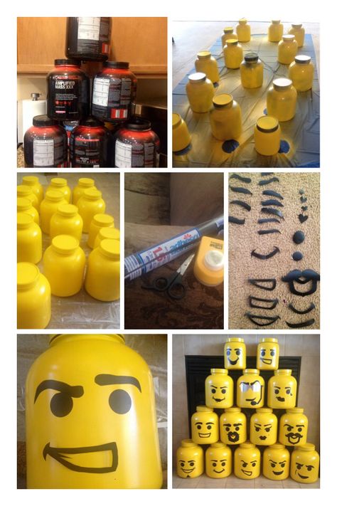 DIY lego head. Protein powder containers, 99 cent store black contact paper, and yellow spray paint! Lego party! Repurpose Protein Powder Containers, Protein Powder Container Reuse, Protein Container Reuse, Play Doh Containers Reuse, Reuse Play Doh Containers, Lego Tissue Box Cover Bricks Diy, Trash Crafts, How To Make A Lego Candy Dispenser, Upcycle Plastic Protein Containers