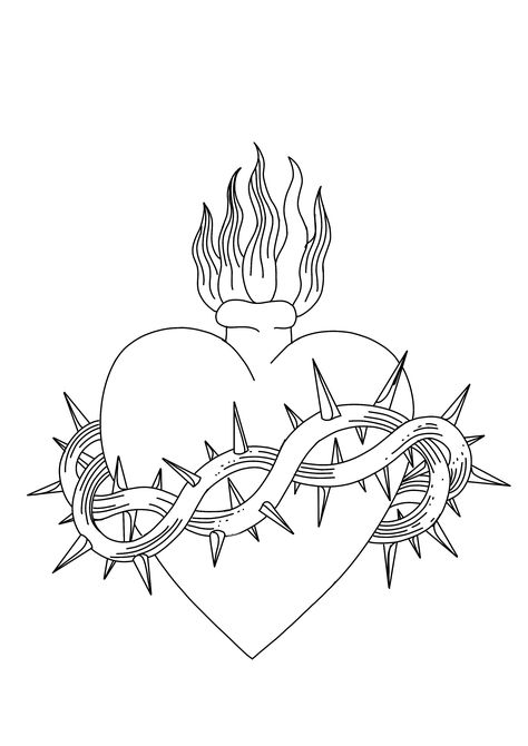 Traditional Sacred Heart Tattoo Flash, Scared Heart Tattoo Design, Small Sacred Heart Tattoo, Sacred Heart Tattoo Stencil, Scared Heart Tattoo, Jesus Tattoo Design, Cross Tattoo On Wrist, Thorn Tattoo, Unique Wrist Tattoos