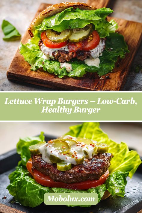 Craving a juicy burger without the carbs? These Lettuce Wrap Burgers are the perfect low-carb, keto-friendly alternative! Packed with flavor, wrapped in crisp lettuce, and loaded with your favorite toppings, they’re a delicious and healthy way to enjoy a classic burger. Perfect for quick dinners, meal prep, or a guilt-free indulgence. Save this easy keto burger recipe now! Lettuce Wrapped Burger, Classic Burger, Keto Burger, Juicy Burger, Lettuce Wrap Recipes, Lettuce Wrap, Vegetarian Burger, Burger Recipe, Quick Dinners