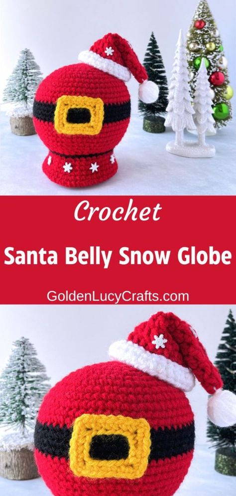 Crocheted Santa belly snow globe. Crochet Christmas Patterns Free, Grinch Keychain, Free Crochet Patterns Christmas, Worry Pet, Holiday Crochet Patterns, Crochet Christmas Hats, Crochet Tree, Christmas Crochet Pattern, Crochet Christmas Gifts