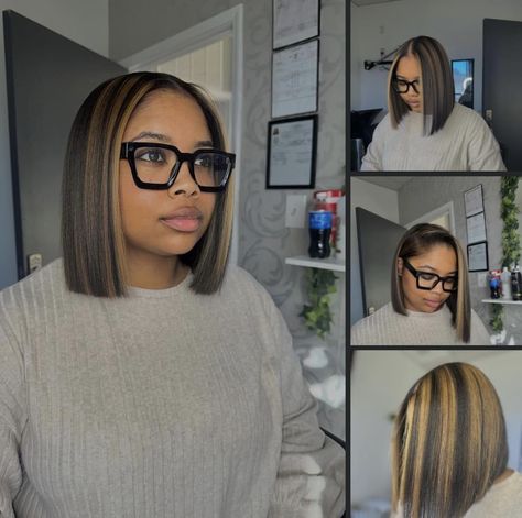 Bob Hairstyles For Black Women Highlight, Black Bob With Highlights Black Women, Bob With Blonde Streak, Fall Hair With Bangs, Bob With Highlights Black Women, Short Hairstyles For Girls, Beautiful Short Hairstyles, Braided Space Buns, Natural Hair Bob