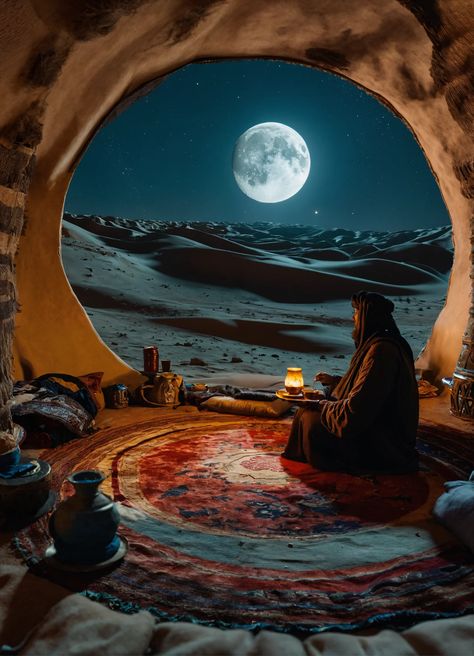 Immerse yourself in the scene of a Bedouin man enjoying Arabic coffee in a 360-degree VR sitting room 🌌🌙 Discover the beauty of traditional culture and modern technology blending seamlessly. Desert Romance Aesthetic, Arabic Culture Aesthetic, Arabic Culture Art, Arab Culture Aesthetic, Bedouin Aesthetic, Bedouin Art, Islamic Culture Art, Islam Culture, Arabic Aesthetic