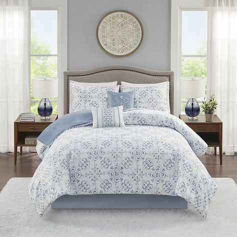 Madison Park Amia 6-Piece Comforter Set With Coordinating Pillows Bedding Blue And White, Blue White And Cream Bedroom, Light Blue Bedroom Color Schemes, Light Blue Comforter Bedroom, White Bedroom With Blue Accents, Navy Blue And White Bedroom, Soft Blue Bedroom, Blue And White Bedroom Decor, Dusty Blue Bedroom