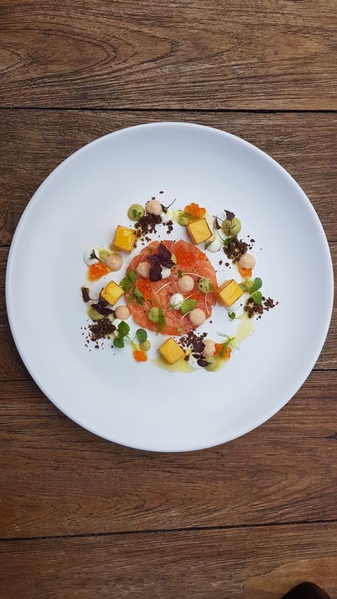 Salmon Carpaccio| Mango Salmon Carpaccio, Coconut Sorbet, Avocado Egg, Melon, Food Ideas, Avocado, Mango, Coconut, Salad