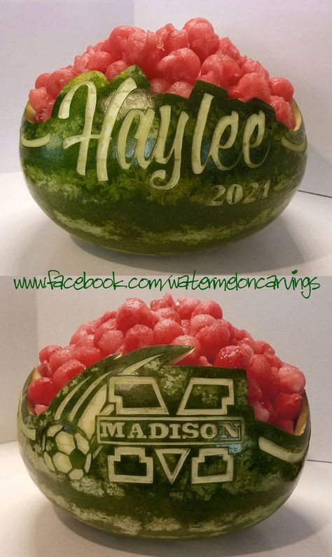 Graduation Watermelon, Watermelon Carving Graduation, Watermelon Fruit Bowls, Watermelon Basket, Fruit Buffet, Watermelon Bowl, Graduation Food, Fruit Platter Designs, Graduation Party Foods