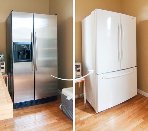 Appliances: Stainless Steel vs. White White Vs Stainless Steel Appliances, Stainless Steel Fridge Kitchen, White Or Stainless Appliances, Kitchen White Appliances, Boutique Motel, White Stove, White Cabinets White Countertops, White Refrigerator, White Kitchen Appliances