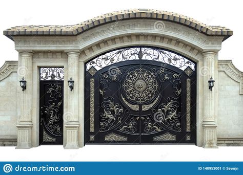 Large Wrought Iron Gates and Doors Stock Image - Image of boundary, black: 140953001 Building A Gate, House Front Door Design, House Main Gates Design, Bungalow Floor Plans, House Outer Design, Front Gate Design, Entrance Gates Design, Wood Staircase, Iron Gate Design