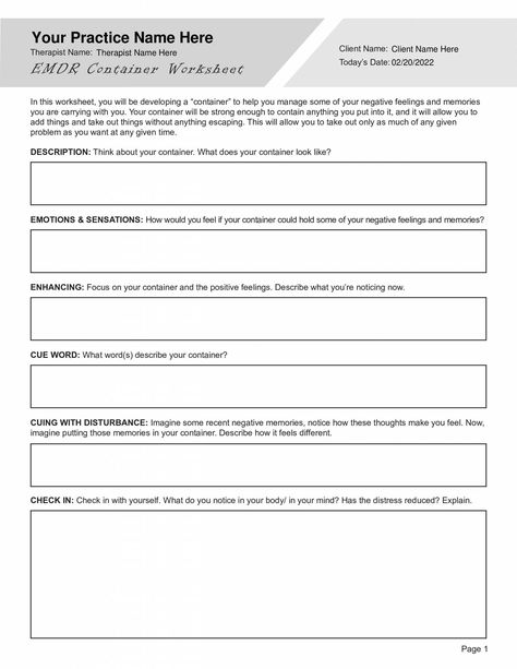 In this worksheet, your clients will be developing a “container” to help them manage some of their negative feelings and memories they carry with them. Our EMDR Container Worksheet (Editable, Fillable, Printable PDF) is perfect for counselors, psychologists, psychiatrists, social workers, therapists, and other mental health professionals.  This EMDR Container Worksheet PDF can be downloaded and used with all your clients, giving them the ability to fill it out on a digital device or print it out. This template is part of the EMDR Worksheets Bundle Emdr Worksheets, Place Worksheet, Distress Tolerance Worksheets, Conflict Resolution Worksheet, Existential Therapy, Coping Skills Worksheets, Couples Therapy Worksheets, Anger Management Worksheets, Self Esteem Worksheets