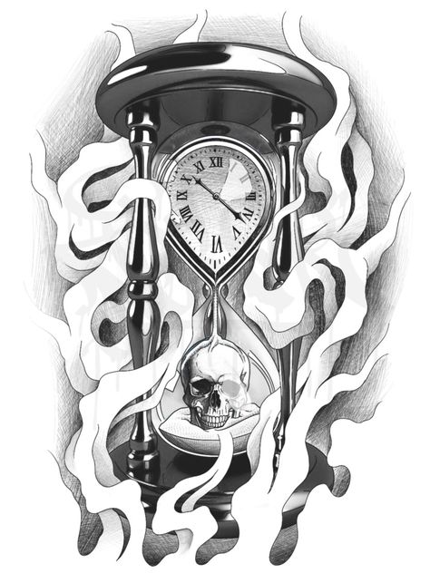 Time Glass Drawing, Hourglass Tattoo Drawing, Old Clock Drawing, Skull Hourglass Tattoo, Hourglass Drawing, Clock And Rose Tattoo, Forearm Cover Up Tattoos, Leg Sleeve Tattoos, Arm Tattoos Drawing