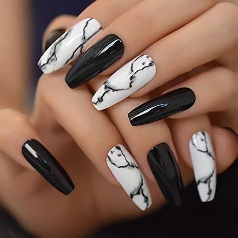 Fake Nails White, Black And White Nails, Black Coffin Nails, Long Square Nails, Marble Nail Designs, Marble Nail, Square Nail Designs, Acrylic Nail Kit, Marble Nail Art