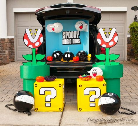 Mario Brothers Trunk or Treat Ideas - Frog Prince Paperie Mario Trick Or Trunk, Trunk Or Treat Video Game Theme, Princess Peach Trunk Or Treat, Mario Diy Party Decorations, Bowsers Castle Trunk Or Treat, Super Mario Bros Trunk Or Treat Ideas, Super Mario Brothers Party Decorations, Super Mario Brothers Trunk Or Treat, Super Mario Props