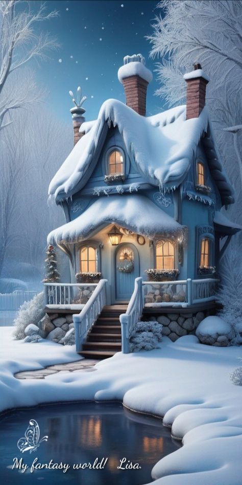 House In Snow, Wooden Homes, Cabin Rustic, Gnome Pictures, Log Cabin Rustic, Large House, Currier And Ives, Fantasy House, Winter Night