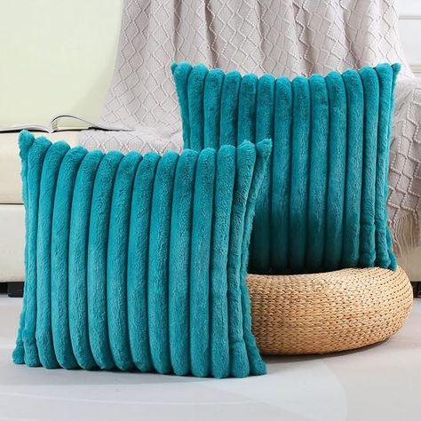 Amazon.com: FUTEI Teal Green Striped Decorative Throw Pillow Covers 22x22 Inch Set of 2,Square Fall Decorations Couch Pillow Case,Soft Cozy Faux Rabbit Fur & Velvet Back,Modern Home Decor for Bed : Home & Kitchen Couch Pillow Covers, Faux Fur Throw Pillow, Striped Cushions, Decorative Pillows Couch, Fur Throw Pillows, Euro Pillow, Pillow Texture, 16x16 Pillow Cover, Euro Pillow Shams