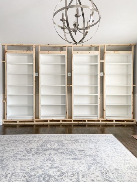 Ikea Bookcases Built In, Built In Bookshelves Around Entryway, Builtin Bookshelves Living Room, Home Library Billy Bookcase, Built In Bookcases Office, Bedroom Wall Bookshelves, French Country Built In Bookshelves, How To Build A Bookshelf Wall, Ikea Shelving Hacks