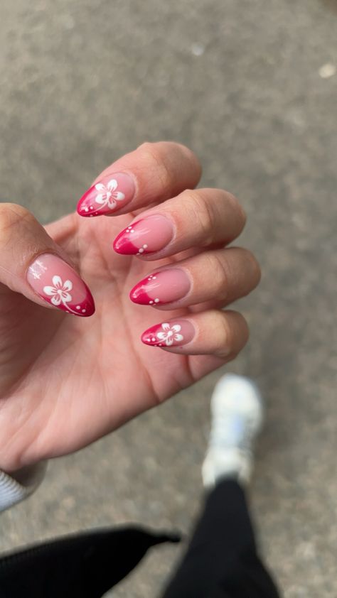 Pink french tip with white hibiscus flower nail art 🌺 #nailsofinstagram #nailaesthetic #frenchtipnails #hibiscus #hibiscusflower #naildesign #nailsoftheday Aesthetic Nails Flower, Cute Nails Flowers Simple, Aloha Flower Nails, Nail Flower Designs Tutorial, Easy Nail Art French Tips, Vacation Pink Nails, Nail Art Hibiscus Flower, Hibiscus Flower Nails Tutorial, Pink Hawaii Nails