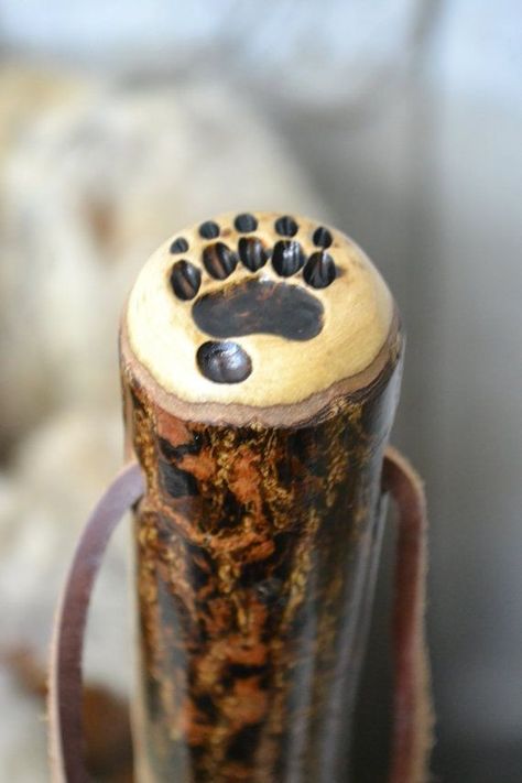 Spirit Sticks, Handmade Walking Sticks, Bear Paw Print, Walking Staff, Hand Carved Walking Sticks, Dremel Carving, Dremel Wood Carving, Wooden Walking Sticks, Stick Art