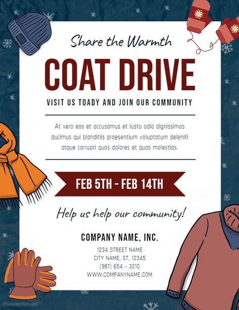 Winter coat drive charity event flyer Clothes Drive Flyer, Coat Drive Ideas, Coat Drive Flyer, Charity Drive Ideas, Donation Drive Ideas, Clothing Drive Poster, Scarf Campaign, Clothing Drive Flyer, Foster Closet