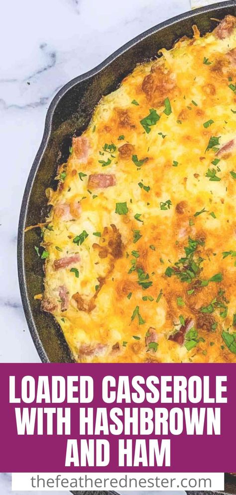 Ham and Hash Brown Casserole from The Feathered Nester. Kick off a festive day with this hearty and delicious ham and potato breakfast casserole! Fresh or frozen shredded hash browns are combined with eggs, cheese, ham, and sour cream for a rich and comforting dish (without soup!). Add more cheese and bake and you've got a no-fail breakfast or brunch winner. The hash brown and egg casserole can even be made ahead as an easy overnight recipe! - The Feathered Nester Egg Bake Casserole With Hashbrowns And Ham, Eggs Ham Hashbrown Casserole, Shredded Hashbrown Breakfast Casserole Ham, Hashbrown Casserole No Cheese, Ham And Egg Breakfast Casserole Potatoes, Breakfast Recipes With Hashbrowns, Breakfast Casserole That Can Be Frozen, Egg Casserole Recipes With Hashbrowns And Ham, Breakfast Casserole With Ham And Hashbrowns