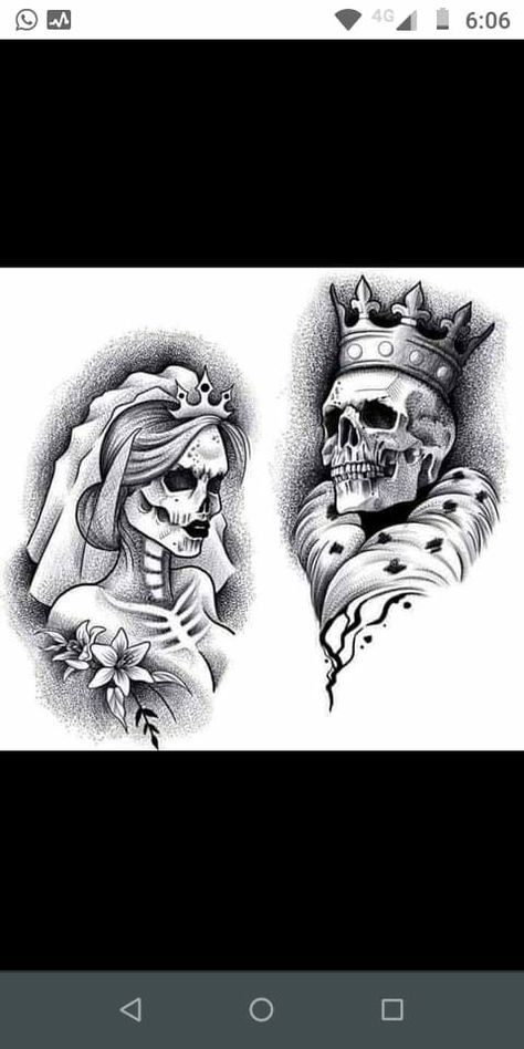 Skull Lovers Tattoos, Skull Couple Tattoo, Skull Art Tattoo, Cute Couple Tattoos, Skull Sleeve Tattoos, Skull Sleeve, Gangsta Tattoos, Queen Tattoo, Skull Art Drawing