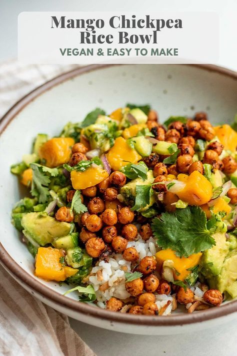 This Mango Chickpea Salad is packed with protein and fresh citrusy flavor. Served over high protein tofu rice to make this easy weeknight meal super satisfying. Tofu Rice, Healthy Vegan Dinner Recipes, Healthy Vegan Dinner, Mango Salad, Vegan Comfort Food, Vegan Meal Prep, Chickpea Salad, Roasted Chickpeas, Sweet Chili Sauce