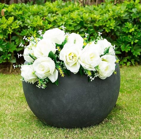 Amazon.com : 20" W Round Charcoal Concrete/Fiberglass Indoor Outdoor Elegant Bowl Planter : Patio, Lawn & Garden Large Bowl Planters, Handmade Concrete Planters, Bowl Planter, Concrete Bowl, Concrete Finish, Indoor Outdoor Planter, Large Backyard, Large Planters, Concrete Planters