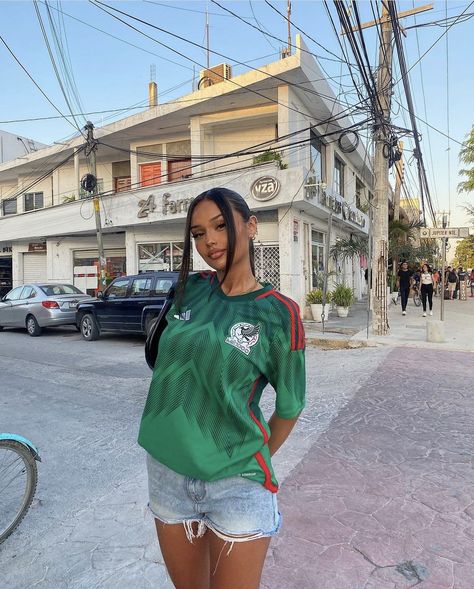 Chivas Jersey Outfit Women, Mexico Game Outfit Women, Mexico Game Outfit, Jersey And Shorts Outfit Women, Mexico Soccer Game Outfit Women, Mexico Shirt Outfit, Spain Jersey Outfit, Mexico Soccer Jersey Outfit Women, Dominican Republic Vacation Outfits