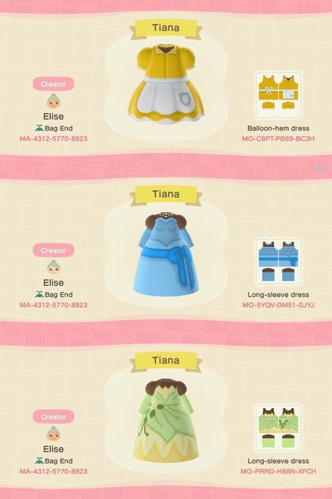 Acnh Disneyland, Animal Crossing Disney, Disney Codes, Tiana Princess And The Frog, Tiana Princess, Acnh Inspiration, Clothes Codes, Acnh Clothes, Animal Crossing Funny