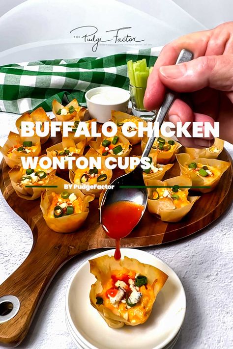 Get ready to wow your guests with these irresistible Buffalo Chicken Wonton Cups! These bite-sized appetizers pack all the flavors of your favorite buffalo chicken dip into crispy, golden-brown wonton shells. With a creamy, spicy filling and tangy blue cheese topping, these little cups are guaranteed to be the star of any party or game day spread. Buffalo Chicken Wonton Cups, Chicken Wonton Cups, Wonton Appetizer Recipes, Wonton Cups Appetizers, Factor Recipes, Buffalo Chicken Wontons, Wonton Appetizers, Chicken Wontons, Wonton Cups