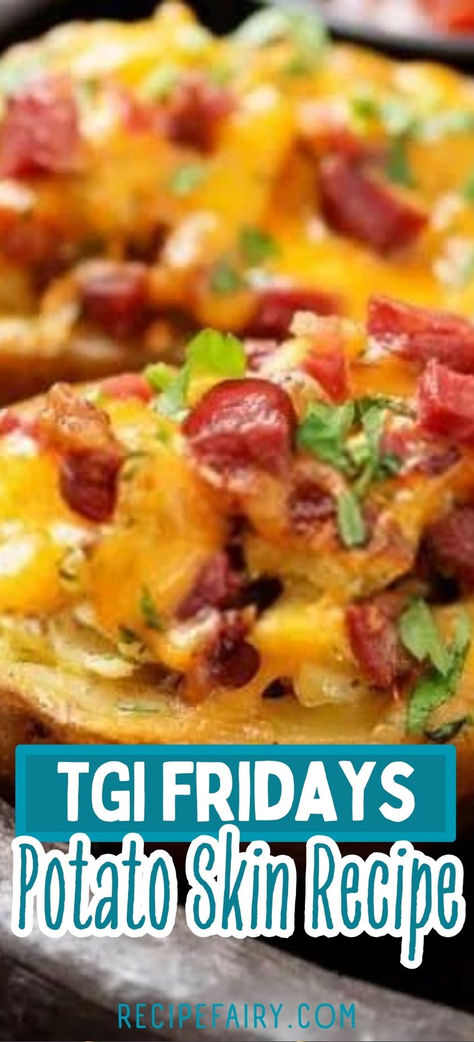 How you can make this irresistible appetizer at home with our easy TGI Fridays Potato Skins Copycat Recipe. Learn how to recreate the crispy, cheesy, bacon-loaded goodness that's perfect for any occasion. Watch our step-by-step guide and enjoy this iconic appetizer in your own kitchen! How To Make Potato Skins Easy, Cheesy Potato Skins, Potato Skin Appetizers, Best Potato Skins Recipe, Tgif Potato Skins Recipe, Loaded Potatoes Skins, Potatoes Skins Recipe, Potatoe Skins Recipe Crispy, How To Make Potato Skins