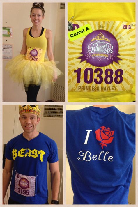 cute Run Disney Outfits Couples, Disney Running Outfits Couples, Beauty And The Beast Running Costume, Run Disney Couples Costumes, Princess Half Marathon Costumes, Disney Marathon Costumes, Beauty And The Beast Costumes, Halloween 5k, Disney 5k