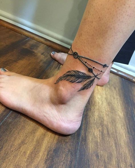 Ankle Feather Tattoo 1 New Style Tattoo, Native American Feather Tattoo, Light Tattoos, Owl Feather Tattoos, Feather Tattoo Ankle, Phoenix Feather Tattoos, Eagle Feather Tattoos, Anklet Tattoos For Women, Small Feather Tattoo