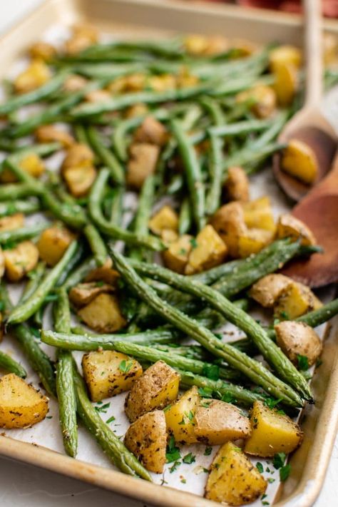 Herb Roasted Green Beans and Potatoes - side dishes #sidedishes Roasted Green Beans And Potatoes Sheet Pan, Potatoes With Green Beans, Oven Potatoes And Green Beans, Sheet Pan Green Beans And Potatoes, Oven Roasted Green Beans And Potatoes, Roasted Potatoes And Green Beans In Oven, Sheet Pan Potatoes And Green Beans, Green Beans And Potatoes In Oven, Roasted Chicken Side Dishes