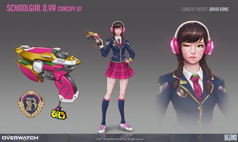 ArtStation - DVA Student and Mech skin concept , Dkang . Academy Dva Skin, Dva Skin Concept, Dva Concept Art, Academy Dva, Random Core, Overwatch Skin Concepts, D Va Cosplay, Hearthstone Heroes, Fortnite Characters