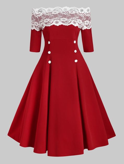 1950s Inspired Dress, Rockabilly Mode, Vintage Dresses Cheap, Robes Vintage, 파티 드레스, Standard Dress, Lace Button, Rockabilly Fashion, Modieuze Outfits