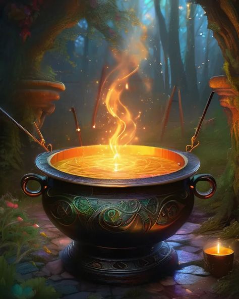 Witch's cauldron and spell books, stunning, intri - starryai Cauldron Concept Art, Magic Cauldron, Cauldron Painting, Cauldron Aesthetic, Cauldron Art, Witch Cauldron, Witchs Cauldron, Baba Jaga, Witches Cauldron