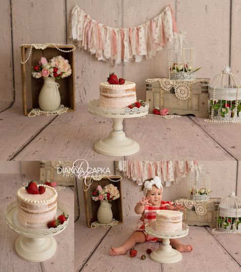 Strawberry Smash Cake Photoshoot, Vintage Strawberry Birthday Party, Strawberry Cake Smash Photography, Vintage First Birthday Girl, Strawberry Cake Smash, Cake Smash Theme, Pearls And Lace, Baby Birthday Photoshoot, Pearls Photography