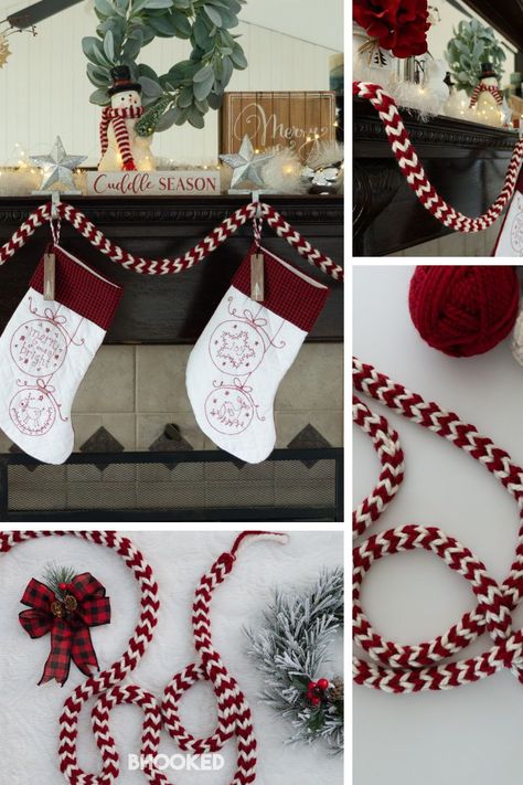 Knitted Garland Free Pattern, Crochet Stocking Garland Pattern Free, Christmas Crochet Stitches, Beginner Crochet Ornaments, Crochet Evergreen Garland, Easy Crochet Garland Pattern, Crochet Christmas Bow Garland, Holiday Crochet Garland, Crochet Christmas Wall Decor