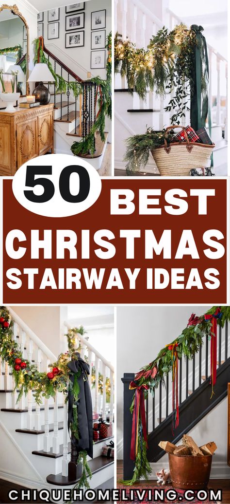 Looking to transform your home into a winter wonderland? These 50+ stunning Christmas staircase decor ideas will add a magical touch to your holiday setup! From elegant garlands draped along the banister to twinkling string lights and festive wreaths, these ideas are perfect for creating a warm and inviting holiday atmosphere. Whether you love a traditional red and green theme, a cozy rustic look, or a modern, minimalist vibe, there’s something here for every style. How To Make Christmas Garland For Stairs, Stairway Swag Diy, Garland Banister Christmas, Garland On Railing Christmas, Bannister Garland Christmas, Stairwell Garland Christmas, Christmas Decor For Stairs Railings, Railing Garland Christmas, Christmas Banister Ideas