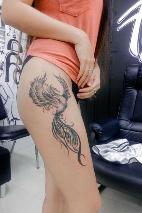 Upper Thigh Phoenix Tattoo, Womens Side Tattoo Ideas, Phoenix Thigh Tattoo For Women, Phoenix Tattoo Feminine Thigh, Rebirth Tattoos, Butterfly Thigh Tattoo, Fenix Tattoo, Circus Tattoo, Phoenix Tattoo Feminine