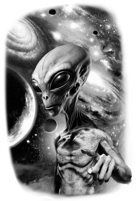 Cool Alien Tattoos, Alien Back Tattoo, The Greys Aliens, Marian Tattoo, Tattoo Secret, Alien Tattoo Design, Alien Tattoo Ideas, Black And Grey Tattoo Design, Tattoo Alien