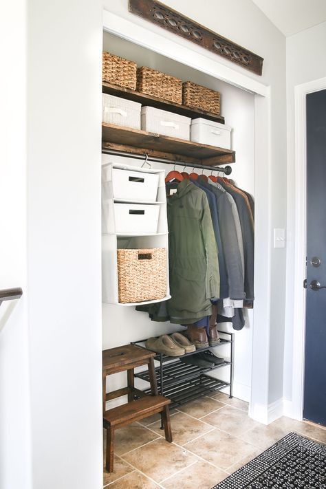 An entryway closet makeover replacing builder-grade wire shelving with custom wood shelves, and maximizing space to store and organize outdoor and other household items. #organization #organizing #closetmakeover #entrwaycloset #farmhousestyle #homedecor #springcleaning Entry Way Closet Organization, Cloak Cupboard, Front Closet Makeover, Cost Closet, Coat Closet Organization Front Entry, Small Entryway Closet, Entryway Closets, Entryway Closet Makeover, Entry Closet Organization