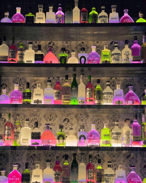 BRIGHT TEQUILA BOTTLES, GREAT FOR A BAR OR FUN MODERN HOUSE Cyberpunk Bar, Ambience Decor, Pickled Fish, Glow Worms, Sport Bar, Tequila Bar, Restaurant Bar Decor, Market Art, Engine Room