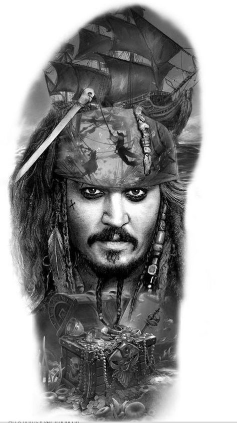 Pirate Tattoo Jack Sparrow, Poc Tattoo, Jack Sparrow Tattoo Design, Jack Sparrow Tattoo Ideas, Jack Sparrow Tattoo, Pirates Of The Caribbean Tattoo, Johnny Depp Tattoos, Owl Tattoo Chest, Portrait Tattoo Sleeve