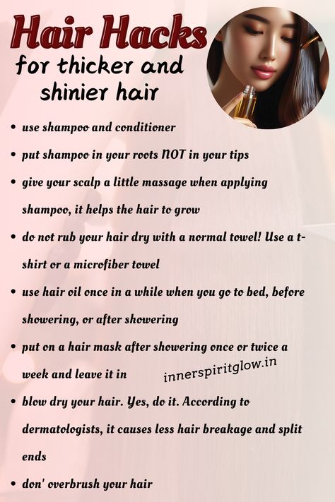 Hair Hacks for thicker and shinier hair | thick shiny hair | haircare How To Make Ur Hair Thicker, How To Get Fuller Hair, How To Get Thicker Hair Naturally, How To Get Smooth Hair, How To Make Your Hair Thicker, How To Thicken Your Hair, How To Get Thicker Hair, Thick Shiny Hair, Thicker Hair Naturally